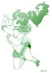  1girl arm_up back_bow bishoujo_senshi_sailor_moon boots bow choker circlet commentary_request covered_navel earrings elbow_gloves eyebrows_visible_through_hair from_above full_body gloves green_theme hair_bobbles hair_ornament high_ponytail jewelry kino_makoto kouda_tomohiro leotard long_hair monochrome open_mouth pleated_skirt ponytail sailor_collar sailor_jupiter sailor_senshi_uniform signature skirt solo 