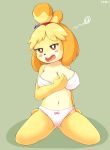  2019 absurd_res animal_crossing anthro black_nose blonde_hair blush bra breasts brown_eyes canid canine canis clothed clothing domestic_dog female foxteru fur hair hi_res isabelle_(animal_crossing) kneeling mammal navel nintendo open_mouth panties solo underwear video_games yellow_fur 