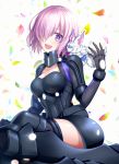  1girl armor armored_dress black_armor black_legwear black_leotard breasts cleavage elbow_gloves fate/grand_order fate_(series) fou_(fate/grand_order) gloves hair_over_one_eye lavender_hair leotard looking_at_viewer mash_kyrielight medium_breasts nina_(pastime) ortenaus pink_hair purple_eyes shield short_hair thighhighs 