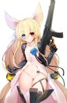  1girl animal_ears assault_rifle bangs beads blonde_hair blue_eyes blush cameltoe closed_mouth crossed_bangs erect_nipples eyebrows_visible_through_hair flat_chest flower fox_ears g41_(girls_frontline) girls_frontline gluteal_fold gun hair_beads hair_ornament heterochromia highleg highleg_panties highres holding holding_weapon long_hair looking_at_viewer magazine mechanical_arms mechanical_legs navel panties pussy_peek red_eyes ribbon rifle simple_background skindentation smile snowball22 solo string_panties symbol-shaped_pupils tattoo twintails underwear very_long_hair weapon white_background white_panties 