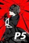  1boy amamiya_ren arizuka_(catacombe) black_hair broken_glass english_text glass gloves highres looking_at_viewer looking_back male_focus mask mask_removed parted_lips persona persona_5 red_eyes red_gloves shaded_face solo 