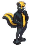  anthro cigarette clothed clothing featureless_crotch hi_res jacket looking_at_viewer male mammal mephitid plantigrade roadkill_(character) skunk slimedrops smoking solo standing topwear 