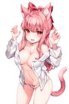 1girl animal_ear_fluff animal_ears bangs bare_shoulders blush bow bow_panties breasts cameltoe cat_ears cat_tail claw_pose collarbone commission eyebrows_visible_through_hair fangs groin hair_ribbon hands_up highres large_breasts long_hair long_sleeves looking_at_viewer navel no_bra open_clothes open_mouth open_shirt original painteen panties pink_hair red_eyes red_ribbon ribbon sidelocks simple_background sleeves_folded_up smile solo stomach tail underwear very_long_hair white_background white_panties 