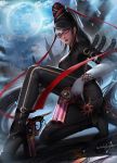  1girl bayonetta bayonetta_(character) black_hair dated glasses gun highres image_sample moon night pixiv_sample signature weapon 