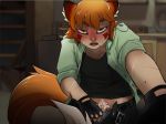  animal_humanoid blood blood_stains blush canid canine clothing fingerless_gloves fluffy fluffy_tail fox gatobob gloves hair humanoid imminent_rape imminent_sex jacket looking_at_viewer male mammal orange_eyes orange_hair pants penis pubes rape_face ren_hana scar shirt tank_top topwear underwear 