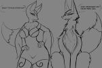  2018 3:2 ambiguous_gender anthro asaneman biped black_and_grey breasts canid canine chest_tuft clothed clothing dialogue digital_media_(artwork) dipstick_tail duo eko english_text eye_contact eyebrows female feral fox front_view fully_clothed fur grey_background grin half-closed_eyes hand_on_waist hi_res kea_(asaneman) line_art looking_at_another mammal monochrome multicolored_tail nude quadruped simple_background sitting sketch smile speech_bubble standing text tuft 