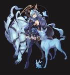  1girl :d animal_ears bare_shoulders black_background blue_cape blue_dress blue_hair blue_legwear boots cape commentary_request curly_hair dress elbow_gloves erune ferry_(granblue_fantasy) full_body ghost gloves granblue_fantasy hair_between_eyes hair_ornament hairclip high_heel_boots high_heels highres holding_whip jewelry legs_apart long_hair looking_at_viewer ne.corn open_mouth simple_background single_earring smile thigh_boots thighhighs upper_teeth very_long_hair x_hair_ornament yellow_eyes 