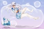  1girl absurdres bangs beanie blue_eyes blush brionne bubble bubble_blowing choker creatures_(company) dress eyebrows_visible_through_hair game_freak gen_7_pokemon gloves hair_between_eyes hat highres hugging long_hair looking_at_viewer nintendo no_shoes pink_hair pokemon sitting smile white_legwear 