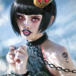  1girl bangs bare_shoulders black_hair black_lipstick black_nails blunt_bangs bob_cut chains collar cuffs highres lipstick looking_at_viewer makeup mario_(series) nail_polish nintendo oliver_wetter open_mouth paper_mario princess_chain_chomp red_eyes red_eyeshadow shackles sharp_teeth super_crown tattoo teeth 