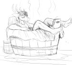  anthro antlers bath black_and_white cervid deer_prince eyes_closed feet hi_res hladilnik horn humanoid_feet male mammal monochrome sketch solo water wet 