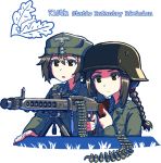  2girls black_hair braid brown_eyes erica_(naze1940) gun hair_between_eyes hat helmet holding holding_gun holding_weapon long_hair machine_gun military military_uniform multiple_girls open_mouth original short_hair transparent_background uniform weapon 