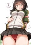  ! 1girl black_hair black_skirt blush_stickers closed_mouth commentary_request cowboy_shot from_below hand_on_own_stomach hayasui_(kantai_collection) jacket kantai_collection looking_down miniskirt panties pleated_skirt red_panties short_hair silver_eyes skirt spoken_exclamation_mark thighs track_jacket turtleneck underwear utopia white_jacket zipper 