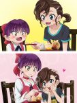  2girls :_code_register bangs black_shirt blue_eyes blush bow breasts brown_eyes brown_hair chair cherry choker collarbone commentary_request dress eyebrows_visible_through_hair fang feeding fingernails food food_on_face fruit gegege_no_kitarou hair_between_eyes hair_bow hair_ornament hairclip hands_on_own_face highres holding holding_spoon inuyama_mana mameshiba multiple_girls nekomusume nekomusume_(gegege_no_kitarou_6) on_chair print_shirt purple_hair red_bow red_choker red_dress shirt short_hair short_sleeves side_ponytail sitting sleeveless sleeveless_dress small_breasts spoon white_shirt 