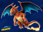  2019 3_fingers ambiguous_gender blue_background blue_eyes charizard claws digital_media_(artwork) fire flaming_tail glowing glowing_eyes hi_res logo membranous_wings multicolored_scales natsuakai nintendo open_mouth orange_scales outline pok&eacute;mon pok&eacute;mon_(species) pok&eacute;mon_detective_pikachu scales scar sharp_teeth simple_background solo teeth toe_claws two_tone_scales video_games white_claws wings yellow_scales 