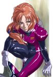  1girl breasts closed_mouth commentary_request gloves graphite_(medium) gundam gundam_unicorn helmet long_hair looking_at_viewer marida_cruz military military_uniform oku_yukihide orange_hair pilot_suit ponytail smile solo traditional_media uniform 