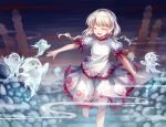  1girl :d ^_^ bangs barefoot blonde_hair closed_eyes commentary_request ebisu_eika eyebrows_visible_through_hair eyes_closed fog foot_out_of_frame frilled_skirt frills ghost gradient gradient_background graveyard hichou low_twintails open_mouth outstretched_hand puffy_short_sleeves puffy_sleeves shirt short_hair short_sleeves skirt smile solo standing standing_on_one_leg stone touhou twintails white_shirt white_skirt 