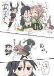  black_eyes black_hair black_legwear comic commentary_request drunk green_hair hair_ribbon hakama_skirt headband high_ponytail highres kantai_collection katsuragi_(kantai_collection) light_brown_hair long_hair midriff miniskirt ponytail ribbon sanpachishiki_(gyokusai-jima) seiza sitting skirt thighhighs translation_request twintails white_background zuihou_(kantai_collection) zuikaku_(kantai_collection) 