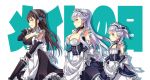  3girls apron azur_lane belchan_(azur_lane) belfast_(azur_lane) black_hair blue_eyes breasts cleavage collar collarbone commentary_request gloves highres hihiirokane_m large_breasts long_hair looking_at_viewer looking_to_the_side maid maid_apron maid_day maid_headdress multiple_girls newcastle_(azur_lane) purple_eyes remodel_(azur_lane) silver_hair translation_request 