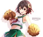  1girl adapted_costume brown_hair cheerleader commentary_request cowboy_shot crescent crescent_hair_ornament crescent_moon_pin crop_top dated gradient_hair green_sailor_collar green_skirt hair_ornament hama_(_hama000) kantai_collection midriff miniskirt multicolored_hair mutsuki_(kantai_collection) navel neckerchief pleated_skirt pom_poms red_hair red_neckwear remodel_(kantai_collection) sailor_collar short_hair skirt sleeveless smile solo twitter_username 