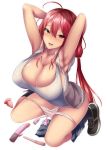  1girl ahoge anal_beads armpits arms_up ayakase_riberi blush breasts bunny_vibrator butt_plug cleavage full_body hair_between_eyes highres large_breasts long_hair looking_at_viewer low_twintails original panties panty_pull parted_lips red_eyes red_hair skirt skirt_around_one_leg skirt_pull sleeveless_jacket smile solo twintails underwear very_long_hair vibrator white_panties 