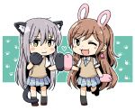  2girls :3 ;d animal_ear_fluff animal_ears bang_dream! bangs black_legwear blue_neckwear blue_skirt blush_stickers brown_hair bunny_earrings bunny_ears cat_ears cat_tail collared_shirt gloves green_eyes grey_hair half_updo heart high_five imai_lisa looking_at_viewer minato_yukina miniskirt multiple_girls necktie one_eye_closed open_mouth outline paru-tan paw_gloves paw_print paws pleated_skirt school_uniform shirt short_sleeves skirt smile socks standing standing_on_one_leg sweater_vest tail white_shirt yellow_eyes 