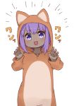  1girl :d animal_costume animal_ears bangs blush claw_pose collarbone dark_skin emphasis_lines eyebrows_visible_through_hair fake_animal_ears fate/prototype fate/prototype:_fragments_of_blue_and_silver fate_(series) fox_costume fox_ears fox_hood hair_between_eyes hands_up hassan_of_serenity_(fate) hood hood_up i.u.y looking_at_viewer open_mouth purple_eyes purple_hair sidelocks simple_background smile solo v-shaped_eyebrows white_background 