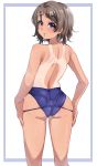  1girl absurdres ass blue_border blue_eyes blue_swimsuit border competition_swimsuit cowboy_shot feet_out_of_frame from_behind grey_hair highres igarashi_kyouhei looking_at_viewer looking_back love_live! love_live!_sunshine!! one-piece_swimsuit one-piece_tan short_hair solo standing swimsuit swimsuit_pull tan tanline watanabe_you wavy_hair white_background 