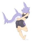  1girl ass blue_hair fins highres senatorwong shark shark_girl shorts tail 