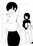  2girls absurdres book bra_strap breasts camisole cleavage collarbone commentary desyana_laurentia english_commentary eyes_closed glasses greyscale highres holding holding_book large_breasts looking_at_another monochrome multiple_girls norman_maggot olive_laurentia open_mouth pain pencil_skirt pixie_cut shirt_tucked_in short_hair sitting skirt standing sweat tom_clancy undressing 