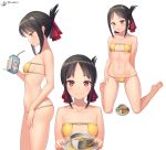  1girl absurdres artist_name bangs bare_arms bare_legs bare_shoulders barefoot bikini black_hair blush breasts closed_mouth collarbone commentary_request cup drinking drinking_straw eyebrows_visible_through_hair eyepatch_bikini fingernails folded_ponytail from_side full_body groin hair_ribbon highres holding holding_tray kaguya-sama_wa_kokurasetai_~tensai-tachi_no_renai_zunousen~ konishi_(565112307) looking_at_viewer midriff milk milk_carton multiple_views navel parted_bangs pinky_out red_eyes red_ribbon ribbon shinomiya_kaguya sideboob sidelocks simple_background small_breasts smile standing stomach strapless strapless_bikini swimsuit tray underboob upper_body white_background yellow_bikini 
