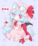  ... 1girl :3 animal_ear_fluff animal_ears bat_wings blouse blue_background blue_hair bobby_socks cake cat_ears cat_tail chibi cravat floral_background flower food food_on_face fork hat hat_ribbon highres holding holding_fork holding_plate kemonomimi_mode looking_at_viewer mary_janes mob_cap patterned_background pink_blouse pink_headwear pink_skirt plate red_eyes red_flower red_footwear red_neckwear red_rose remilia_scarlet ribbon rose shoes short_hair sitting skirt slice_of_cake socks solo spamaroo speech_bubble spoken_ellipsis tail touhou white_legwear wings wrist_cuffs yokozuwari 