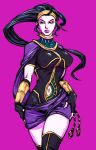  1girl bracer breasts circlet commentary_request cosplay fingerless_gloves gloves hagoromo hair_slicked_back lips long_hair looking_to_the_side menat menat_(cosplay) navel navel_cutout purple_background purple_hair rose_(street_fighter) shawl simple_background single_hair_intake solo stirrup_legwear street_fighter street_fighter_v thighhighs thighs tobaccostar toeless_legwear 