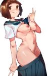  1girl :d :q bangs blue_sailor_collar blue_skirt blush bob_cut breasts brown_eyes brown_hair closed_mouth collarbone crop_top crop_top_overhang eyebrows_visible_through_hair flashing groin highres kill_la_kill lifted_by_self looking_at_viewer mankanshoku_mako medium_breasts midriff miniskirt navel nipples no_bra open_mouth pulled_by_self roropull round_teeth sailor_collar school_uniform serafuku shiny shiny_skin shirt_lift short_hair simple_background skirt skirt_pull smile solo standing stomach teeth tongue tongue_out w white_background 
