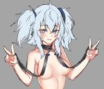  1girl :d blue_eyes blush breasts covering_nipples double_v girls_frontline hair_between_eyes hands_up heart heart-shaped_pupils kuro_(tmdbin) looking_at_viewer medium_hair naughty_face open_mouth pa-15_(girls_frontline) silver_hair simple_background small_breasts smile solo symbol-shaped_pupils topless twintails upper_body v 