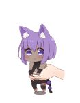 1girl :3 animal_ear_fluff animal_ears bangs bare_shoulders barefoot black_bodysuit black_sleeves blush bodysuit cat_ears center_opening chibi closed_mouth dark_skin detached_sleeves eyebrows_visible_through_hair fate/prototype fate/prototype:_fragments_of_blue_and_silver fate_(series) hair_between_eyes hassan_of_serenity_(fate) holding i.u.y kemonomimi_mode long_sleeves out_of_frame purple_eyes purple_hair shadow sleeves_past_wrists solo_focus white_background 