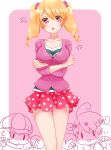  1girl :d absurdres bangs blonde_hair breasts commentary_request digimon digimon_xros_wars drill_hair hair_ornament highres looking_at_viewer medium_breasts miniskirt open_mouth pink_eyes polka_dot shirt short_hair short_twintails skirt smile standing striped suzaki_airu twin_drills twintails 
