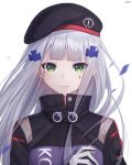  1girl beret expressionless facepaint german_flag girls_frontline gloves green_eyes hand_up hat highres hk416_(girls_frontline) inosia iron_cross long_hair looking_at_viewer military_jacket silver_hair simple_background solo teardrop upper_body white_background 