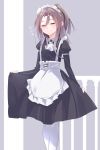  1girl alternate_costume apron black_leotard brown_hair commentary_request enmaided eyes_closed facing_viewer feet_out_of_frame frilled_apron frills gedoo_(gedo) grey_background high_ponytail highres kantai_collection leotard long_hair maid pantyhose smile solo standing two-tone_background white_apron white_legwear zuihou_(kantai_collection) 