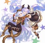  2girls :d ^_^ armored_boots bangs black_bodysuit black_legwear blush bodysuit boots brown_footwear brown_legwear closed_eyes commentary_request dress eyebrows_visible_through_hair eyes_closed fur-trimmed_boots fur_trim gloves granblue_fantasy hair_between_eyes highres horns knee_boots long_hair medusa_(shingeki_no_bahamut) multiple_girls open_mouth purple_hair red_eyes red_gloves satyr_(granblue_fantasy) shingeki_no_bahamut simple_background single_knee_boot single_thigh_boot sleeveless sleeveless_dress smile star starry_background twintails v-shaped_eyebrows very_long_hair wasabi60 white_background white_dress 