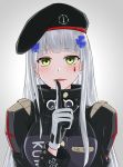  1girl beret blush breasts commentary_request facepaint finger_to_mouth german_flag girls_frontline gloves green_eyes hat hk416_(girls_frontline) iron_cross looking_at_viewer medium_breasts military_jacket open_mouth silver_hair solo teardrop uchukurage_san upper_body 