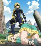  2girls blonde_hair breasts dimaria_yesta fairy_tail highres large_breasts lucy_heartfilia multiple_girls sky stepped_on 
