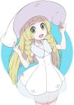  1girl blonde_hair braid creatures_(company) dress game_freak gensei00 green_eyes hat highres lillie_(pokemon) long_hair nintendo open_mouth pokemon pokemon_(game) pokemon_sm see-through simple_background sleeveless sleeveless_dress solo sun_hat twin_braids white_dress white_headwear 