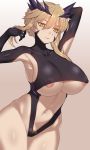  areola_slip areolae armpit_cutout armpits artoria_pendragon_(all) artoria_pendragon_(lancer_alter) bare_arms bare_hips black_gloves black_leotard blonde_pubic_hair blush braid breasts center_opening circlet closed_mouth cowboy_shot expressionless fate/grand_order fate_(series) gloves gradient gradient_background grey_background groin hair_between_eyes highleg highleg_leotard large_breasts leotard long_hair navel nt00 pale_skin sidelocks stomach yellow_eyes 