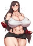  1girl absurdres black_hair blush breasts cleavage closed_mouth curvy earrings elbow_gloves final_fantasy final_fantasy_vii fingerless_gloves gloves highres huge_breasts jewelry long_hair midriff natedecock navel panties red_eyes shirt simple_background solo standing suspenders sweat tank_top taut_clothes taut_shirt thick_thighs thighs tifa_lockhart underwear white_background wide_hips 