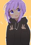  1girl :d bangs black_hoodie blush dark_skin double_w drawstring eyebrows_visible_through_hair fate/prototype fate/prototype:_fragments_of_blue_and_silver fate_(series) hair_between_eyes hands_up hassan_of_serenity_(fate) head_tilt hood hood_down hoodie i.u.y long_sleeves open_mouth orange_background outline puffy_long_sleeves puffy_sleeves purple_eyes purple_hair round_teeth sleeves_past_wrists smile solo teeth upper_body upper_teeth w white_outline 