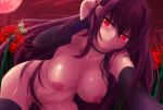  1girl ahsiu blush breasts bug detached_sleeves fate/grand_order fate_(series) flower hair_censor hair_tucking hanging_breasts highres insect large_breasts long_hair looking_at_viewer moon moth navel nipples nude outdoors purple_hair red_eyes red_moon red_sky ribbon scathach_(fate)_(all) scathach_(fate/grand_order) sky smile solo spider_lily thighs 