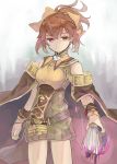  1girl book bow bracelet breastplate brown_hair cape closed_mouth dress dyute_(fire_emblem) empty_eyes fire_emblem fire_emblem_echoes:_mou_hitori_no_eiyuuou fire_emblem_heroes hair_bow highres holding holding_book hukashin jewelry long_hair nintendo ponytail short_dress solo 