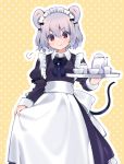  &gt;:) 1girl akagashi_hagane alternate_costume animal_ears apron bangs black_dress bow bowtie collar commentary cowboy_shot dress enmaided grey_hair hair_between_eyes holding holding_dress holding_tray jewelry long_dress long_sleeves maid maid_headdress mouse_ears mouse_girl mouse_tail nazrin pendant polka_dot polka_dot_background puffy_sleeves red_eyes short_hair smile solo standing tail tea_set teapot touhou tray white_collar wing_collar yellow_background 