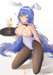  1girl absurdres animal_ears artist_name black_legwear black_neckwear blue_hair bow bowtie bunny_ears bunny_girl bunny_tail bunnysuit commentary cup denkouseka_akaiken detached_collar drinking_glass drinking_straw engrish_commentary food fruit full_body girls_frontline high_heels highres juice kneeling leotard long_hair orange orange_slice pantyhose robot_ears signature simple_background solo strapless strapless_leotard tail tar-21_(girls_frontline) tray white_background white_footwear white_leotard wine_glass wrist_cuffs yellow_eyes 