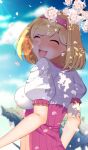  1girl blonde_hair blue_sky blush breasts cherry_blossoms day djeeta_(granblue_fantasy) facing_viewer granblue_fantasy hairband highres looking_at_viewer medium_breasts open_mouth outdoors petals short_hair short_sleeves sky smile solo standing 
